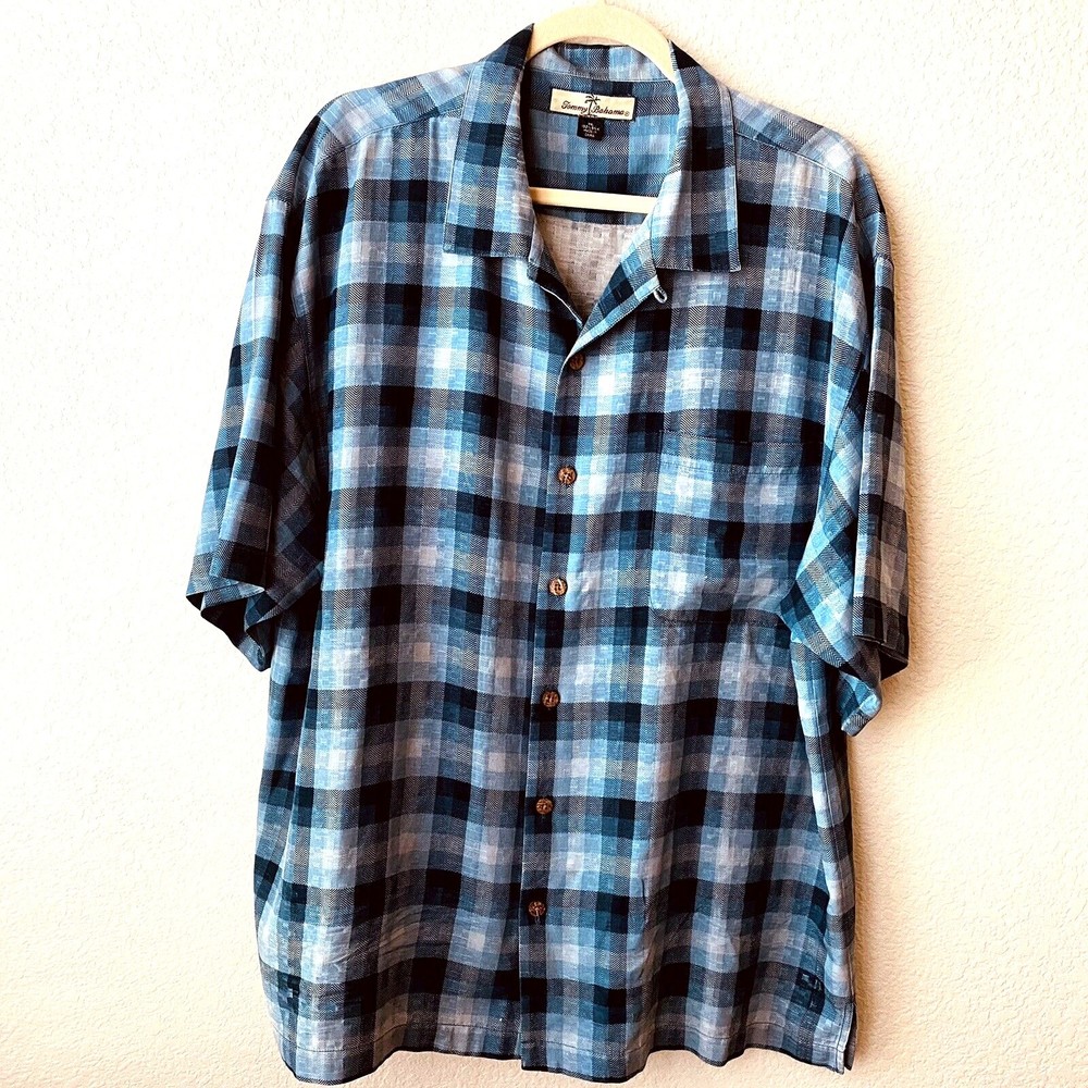 Tommy Bahama Mens Shirt XL 100% Silk Short Sleeve Button Front Blue